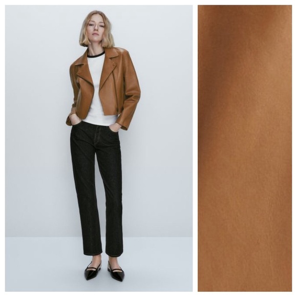 NWT. Massimo Dutti Brown Leather Biker Jacket with Polished Edges. Size L.
